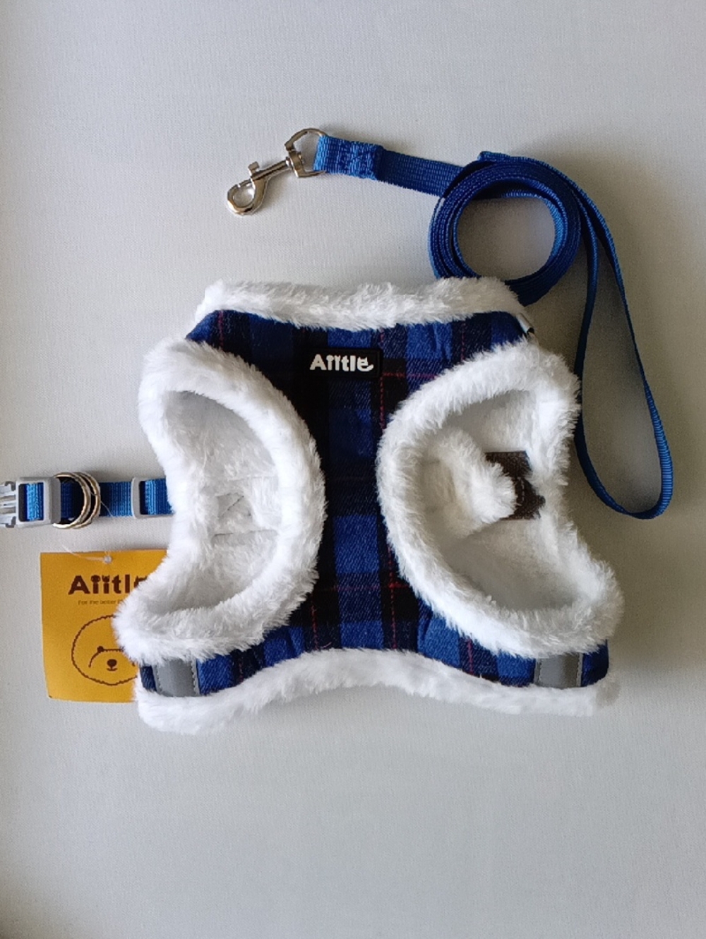Aittl Blue Plaid Fleece 🐶 Dog Harness with Leash Size M
